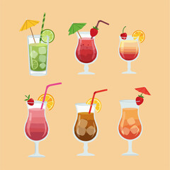Flat vector illustration of a colorful collection of tropical and exotic cocktails and drinks