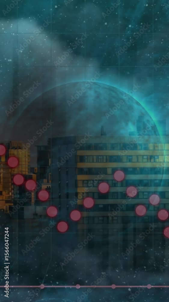 Poster animation of statistical data processing over globe in space against view of cityscape