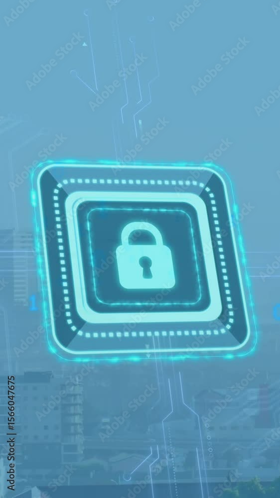 Aufkleber animation of padlock in squares over binary codes against modern cityscape against sky