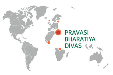 World Map Illustration with Orange Dots and Pravasi Bharatiya Divas Text