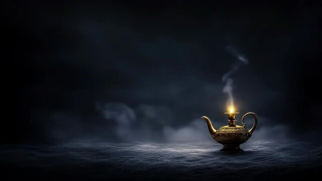 Antique magic lamp glowing with rising smoke  
