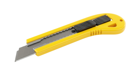 Yellow utility box cutter knife with retractable blade isolated on white