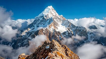 Dramatic mountain landscape with snow covered peaks and clouds against a clear blue sky, capturing the majestic beauty and serene atmosphere of the alpine region. Jagged rocks add texture to the - Powered by Adobe