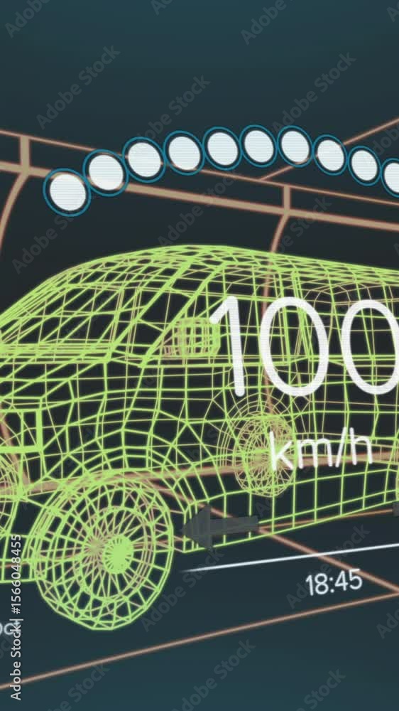 Poster animation of speedometer, gps and charge status data on vehicle interface, over 3d van model