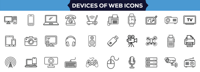 Electronic Devices and Gadgets Icon Set  Smart Technology, Computers, Smartphones, Tablets, Laptops, Drones, and Accessories for Web and Mobile Applications, Editable Stroke Vector Illustration 