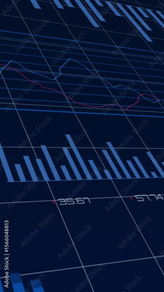 Poster animation of financial data processing over grid on dark background