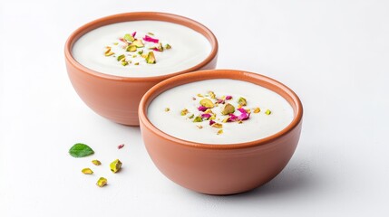 Two bowls of creamy yogurt dessert, adorned with pistachios and rose petals, are elegantly displayed against a bright white background in a minimalist setting.