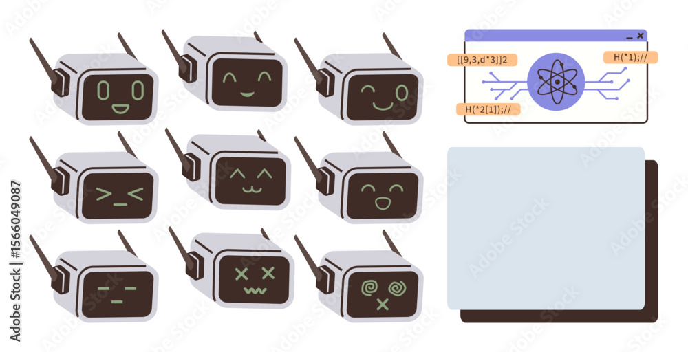 Poster robotic faces displaying various emotions, antennae emphasizing interaction accompanying tech screen