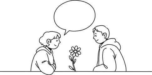 Minimalist line art illustration of awkward first date with flower and speech bubble with letter f editable vector