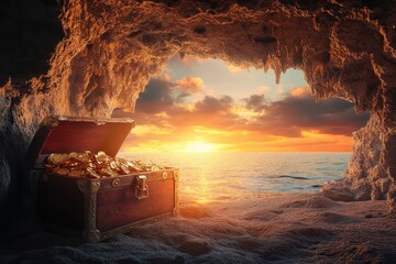 vibrant color visual of pirates treasure chest in cave