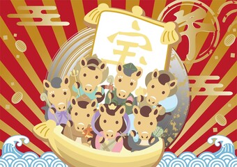 年賀状素材　年賀2026　フレーム　干支　七福神　宝船　午年　午　馬　かわいい　デザイン　イラスト
