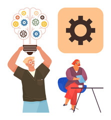 Man holds lightbulb with gears representing ideas, woman at desk holds papers, single gear as a detail. Ideal for creativity, brainstorming, teamwork, innovation, collaboration, productivity simple