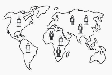 World Map Outline with Stick Figures Representing People