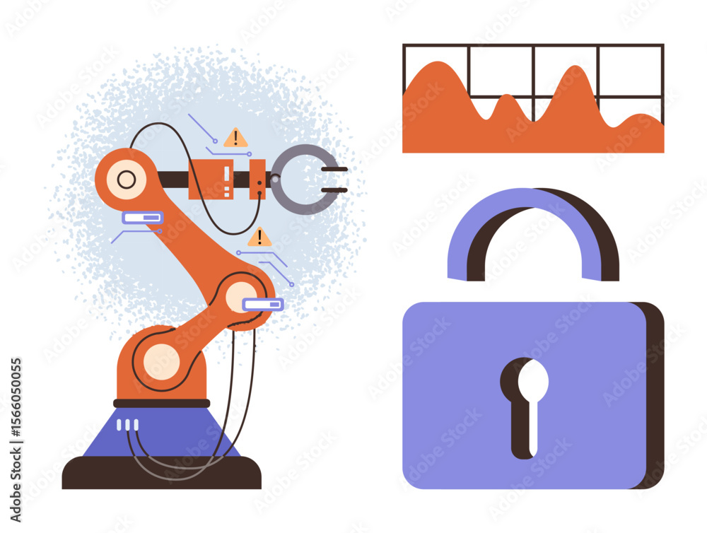 Poster robotic arm connected with sensors, data analytics chart, and padlock symbolizing automation, innova