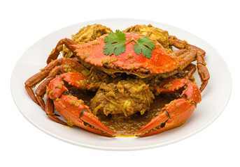 Delight in a delectable chili crab dish, artfully plated and garnished, ready to be enjoyed on a transparent background.