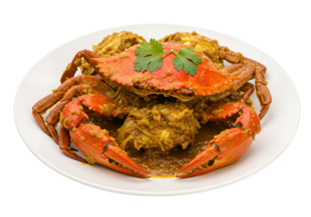 Delight in a delectable chili crab dish, artfully plated and garnished, ready to be enjoyed on a transparent background.