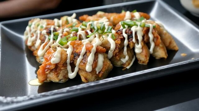 Close-up of a black tray with fried dumplings arranged in a row, topped with orange sauce, white drizzle, and green onions. The dumplings are served with a shiny black surface and a blurry