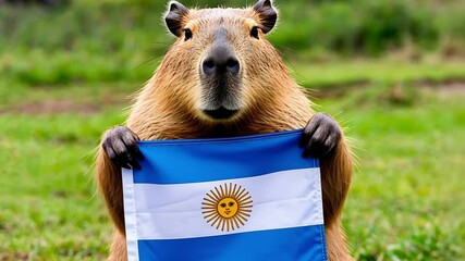cute capybara holding argentina flag with sun of may symbol on independence day grassy field background joyful animal patriotic concept of wildlife holidays national pride