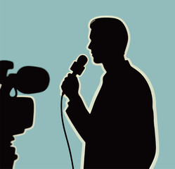Silhouette of a male reporter holding a microphone in front of a camera.