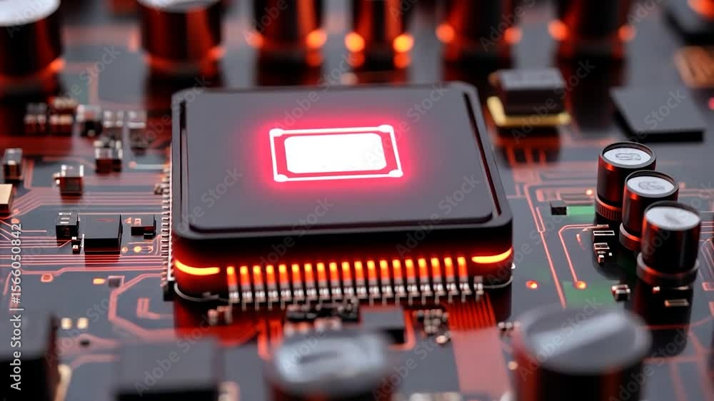 Aufkleber close up of a microchip with bright red glowing light on a dark circuit board with electrical compon
