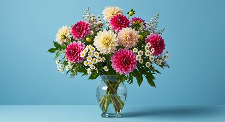 Obraz premium Fresh vibrant dahlias and white daisies bouquet on blue background