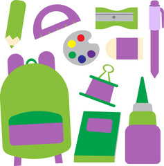 sets of purple and green school stuffs vector illustrations