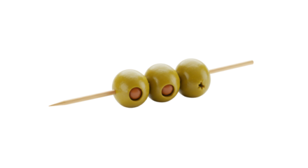 Three green olives on a toothpick isolated PNG with Transparent Background