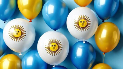 blue and white balloons with argentina flag pattern floating in blue background during independence day celebration, concept of national pride patriotic holidays event decoration