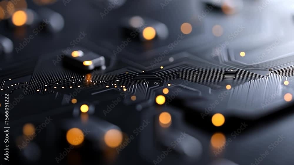 Aufkleber detailed macro shot showcases a circuit board with complex wiring, warm golden light points scattere