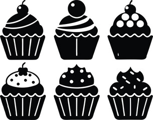 Set of black cupcakes silhouette vector illustration