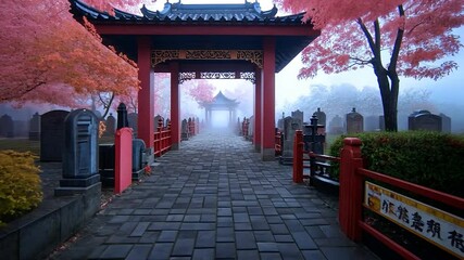 A serene and ethereal view of a cemetery under a soft, foggy sky. Cherry blossom trees in full bloom with vibrant pink flowers line a cobblestone path leading to a traditional gate, creating a - Powered by Adobe