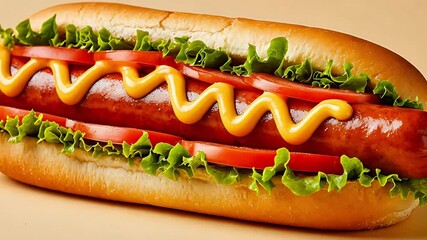 juicy hotdog with fresh tomato ketchup and crisp lettuce leaf on colorful background national hot dog day celebration delicious fast food concept of summer meals street food