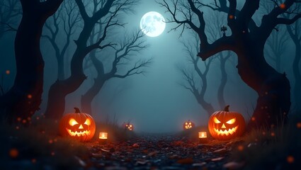 Spooky Halloween Night with Glowing Jack-o'-Lanterns Under Full Moonlight in Haunted Forest