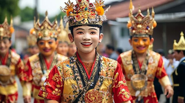 Close-up on a parade of performers adorned in vibrant red and gold costumes and ornate headdresses, showcasing elaborate traditional attire in a festive, cultural procession under natural lighting