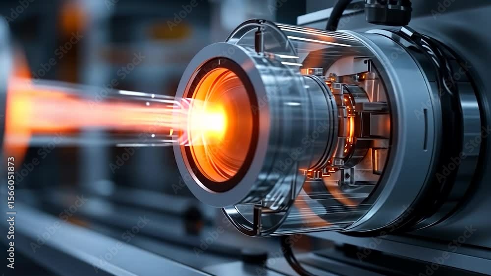 Poster close up of a chrome machinery element that is illuminated by orange light. the background is a blur