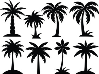 Fototapeta premium Silhouette of palm trees, Collection of silhouette palm trees arranged in different styles and sizes for tropical-themed design
