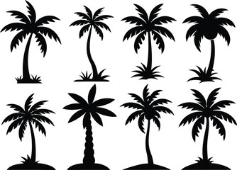 Fototapeta premium Silhouette of palm trees, Collection of silhouette palm trees arranged in different styles and sizes for tropical-themed design