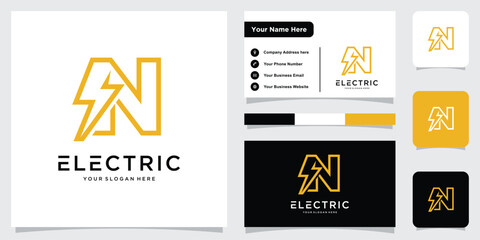 Initial N Letter with Lightning Bolt Logo Vector Design with business card design