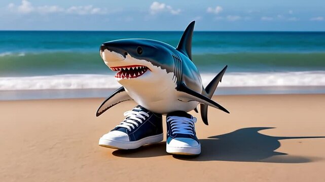 trendy shark wearing colorful sneakers standing on sandy beach summer day ocean waves in background fun animal fashion concept of viral content marine life parody