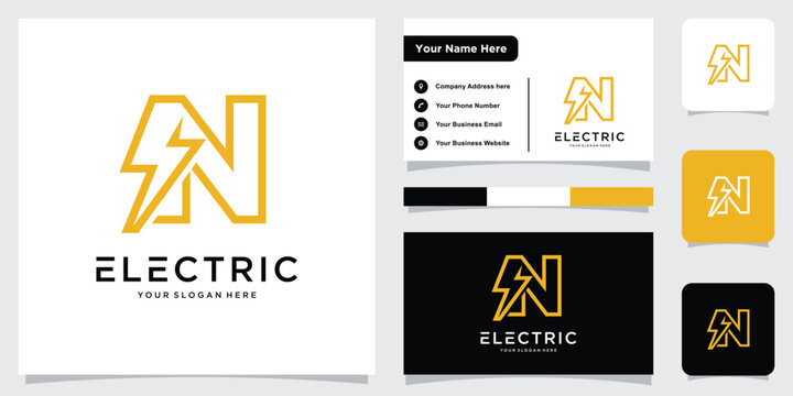 Initial N Letter with Lightning Bolt Logo Vector Design with business card design