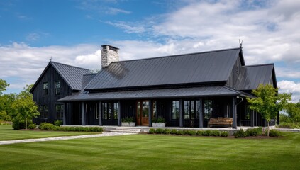 Obraz premium Modern black farmhouse stands majestically on a manicured lawn under a bright summer sky.