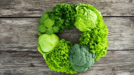 Fresh green vegetables arranged in a circular pattern, symbolizing natural abundance and healthy living
