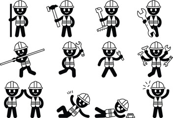 Construction worker icons with tools and safety gear in various poses