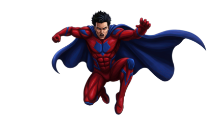 Flying male superhero in red suit and blue cape isolated on white
