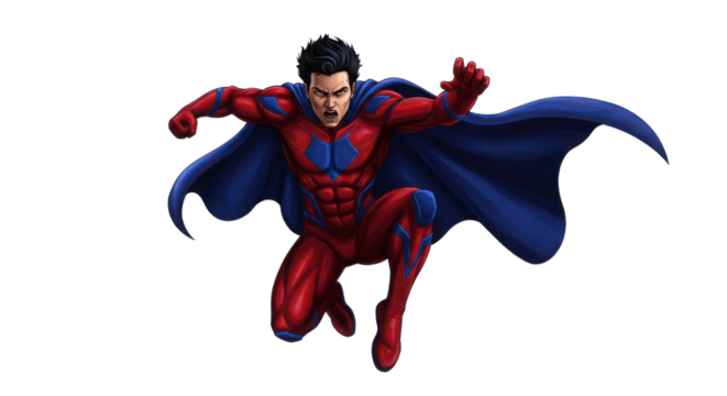 Dynamic Illustration of a Powerful Male Superhero in Red and Blue Costume with Flowing Cape isolated on Transparent Background
