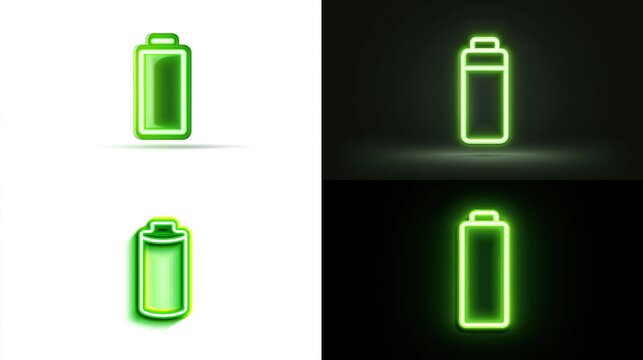 Battery symbol rendered with glowing neon effect in green on white and black