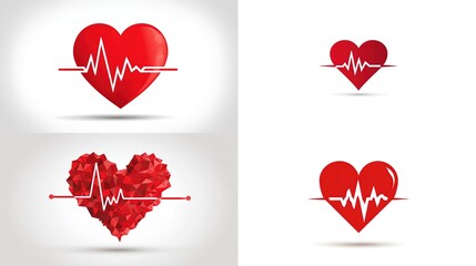 Four stylized red hearts with white ECG lines, isolated against a white backdrop