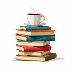 Naklejka premium Stacked colorful books with a coffee cup on top in flat design 