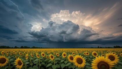 Obraz premium Breathtaking view of a sunflower field under a stormy sky with striking lightning and dark clouds creating a dramatic contrast of light and shadow across the rural landscape.