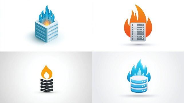 Database servers depicted engulfed in fire, in varying colors, shapes, & intensity